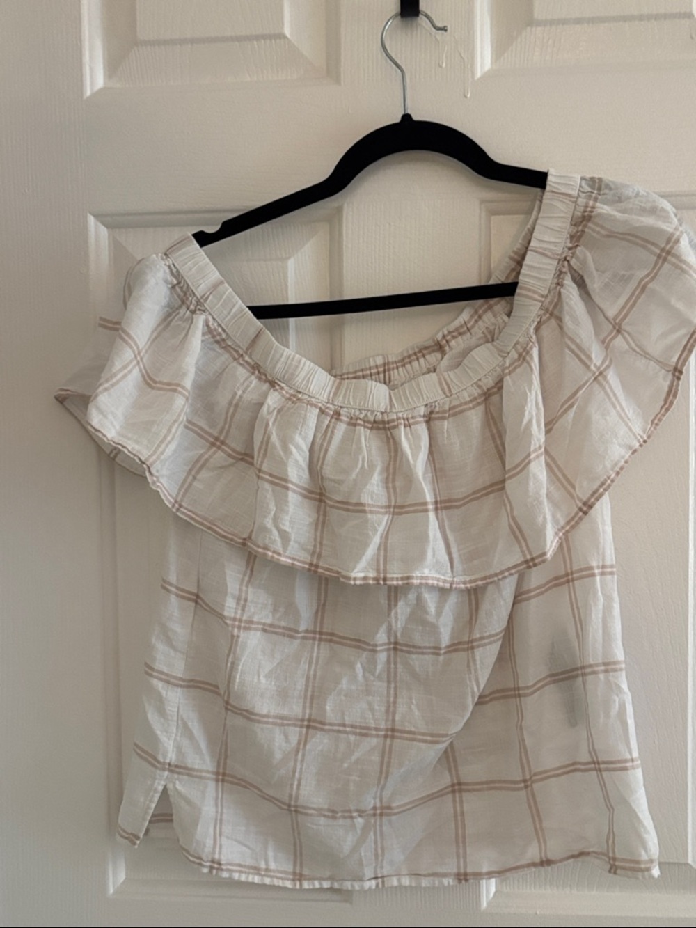 Abercrombie & Fitch Cream and Tan Plaid Off-Shoulder Ruffle Top